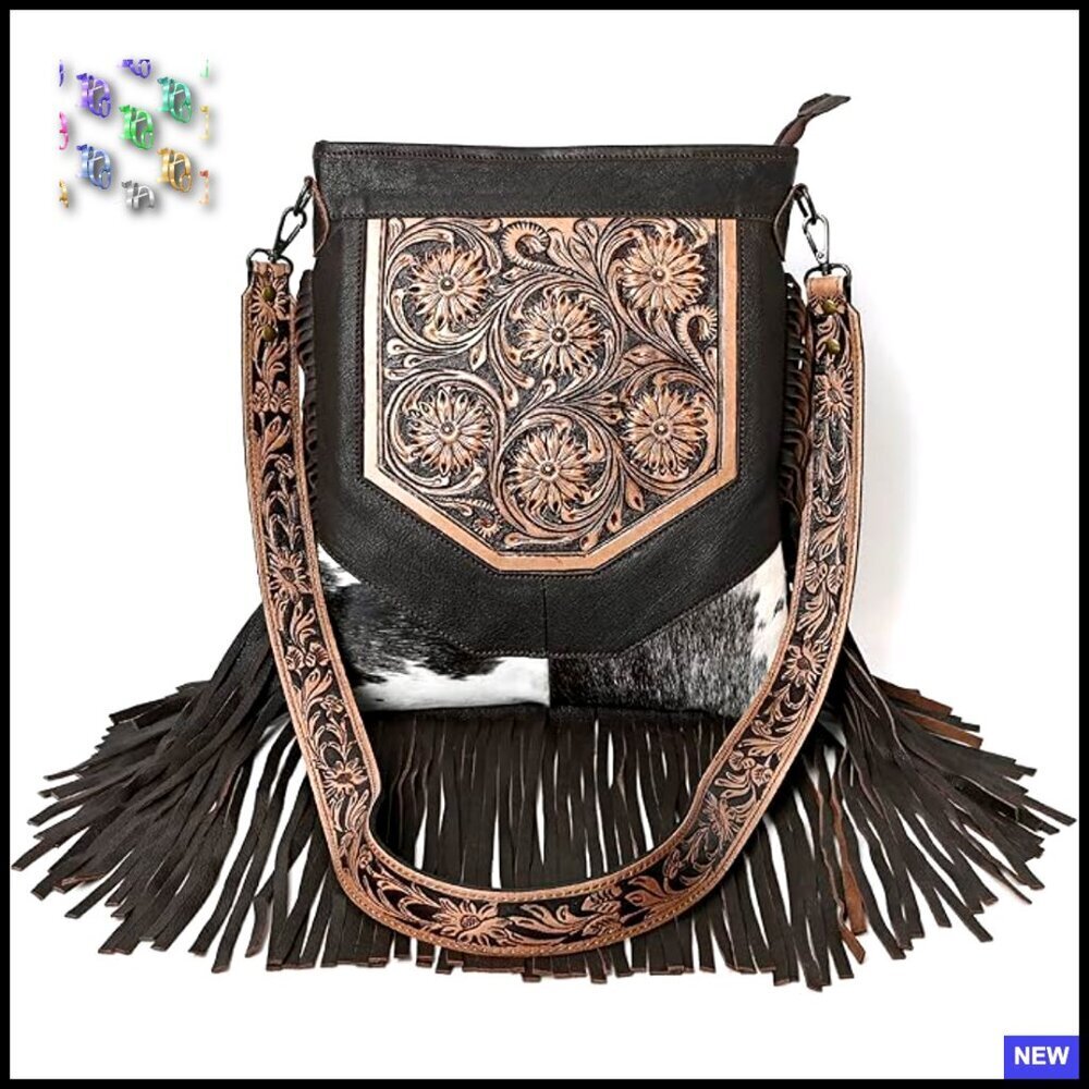 Boho Fringe Crossbody Bag Western Tooled Leather Saddle Style Adjustable Strap